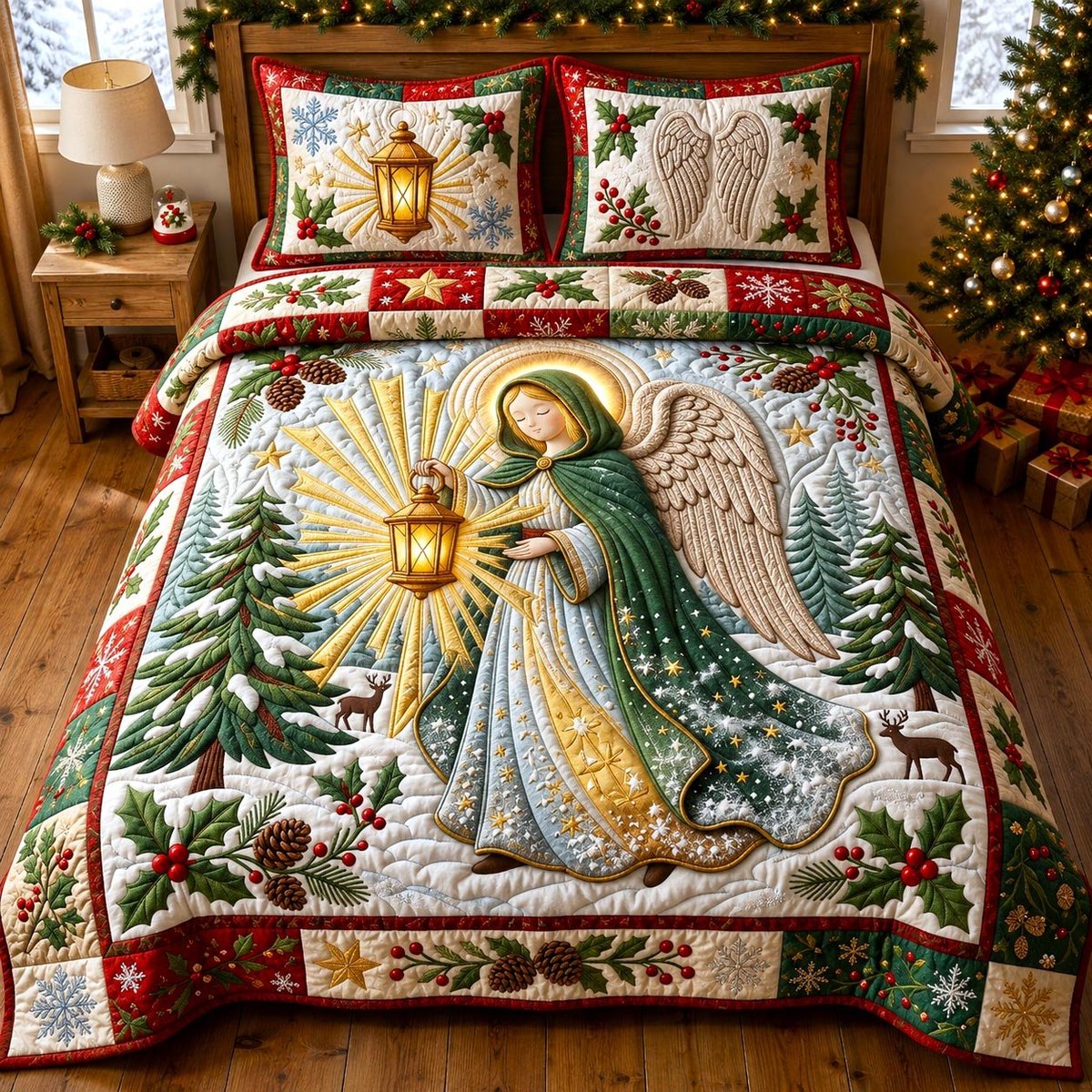 Angel Christian 3 Piece Quilted Bedding Set Christmas Gift For Holiday Decor Lovers