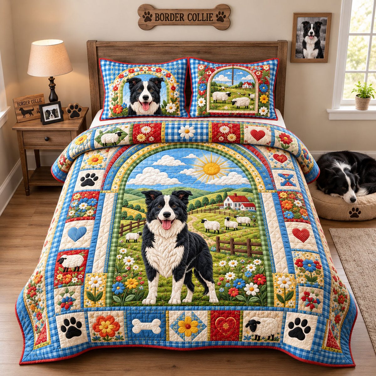 Border Collie Country Life 3 Piece Quilted Bedding Set Gift For Dog Lovers