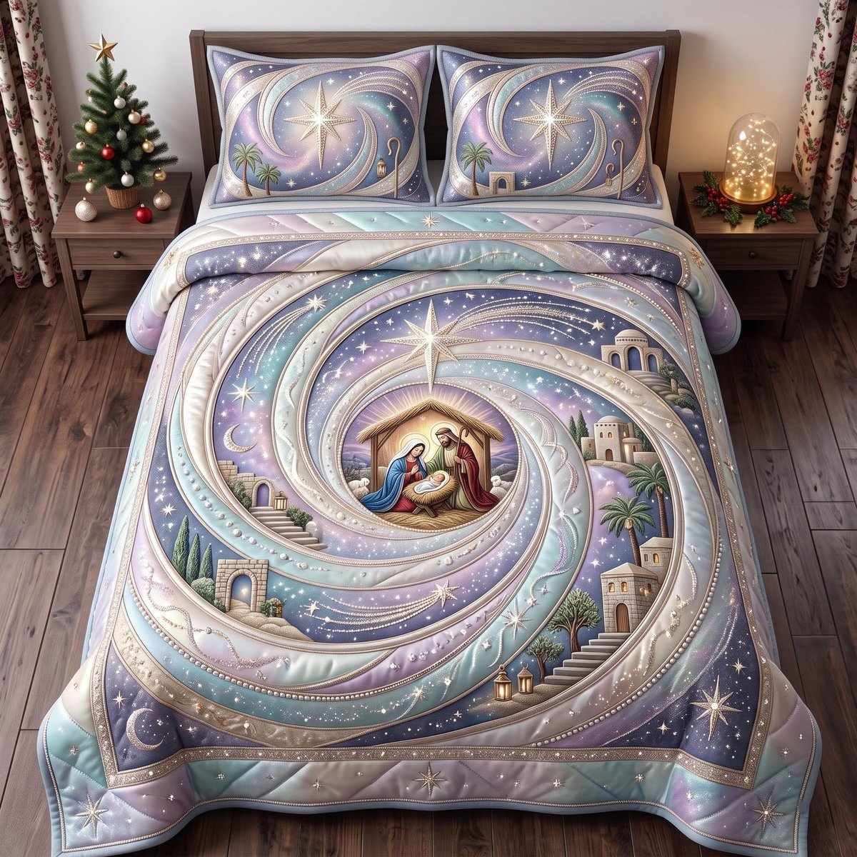 Heavenly Nativity 3 Piece Quilted Bedding Set Gift For Christians