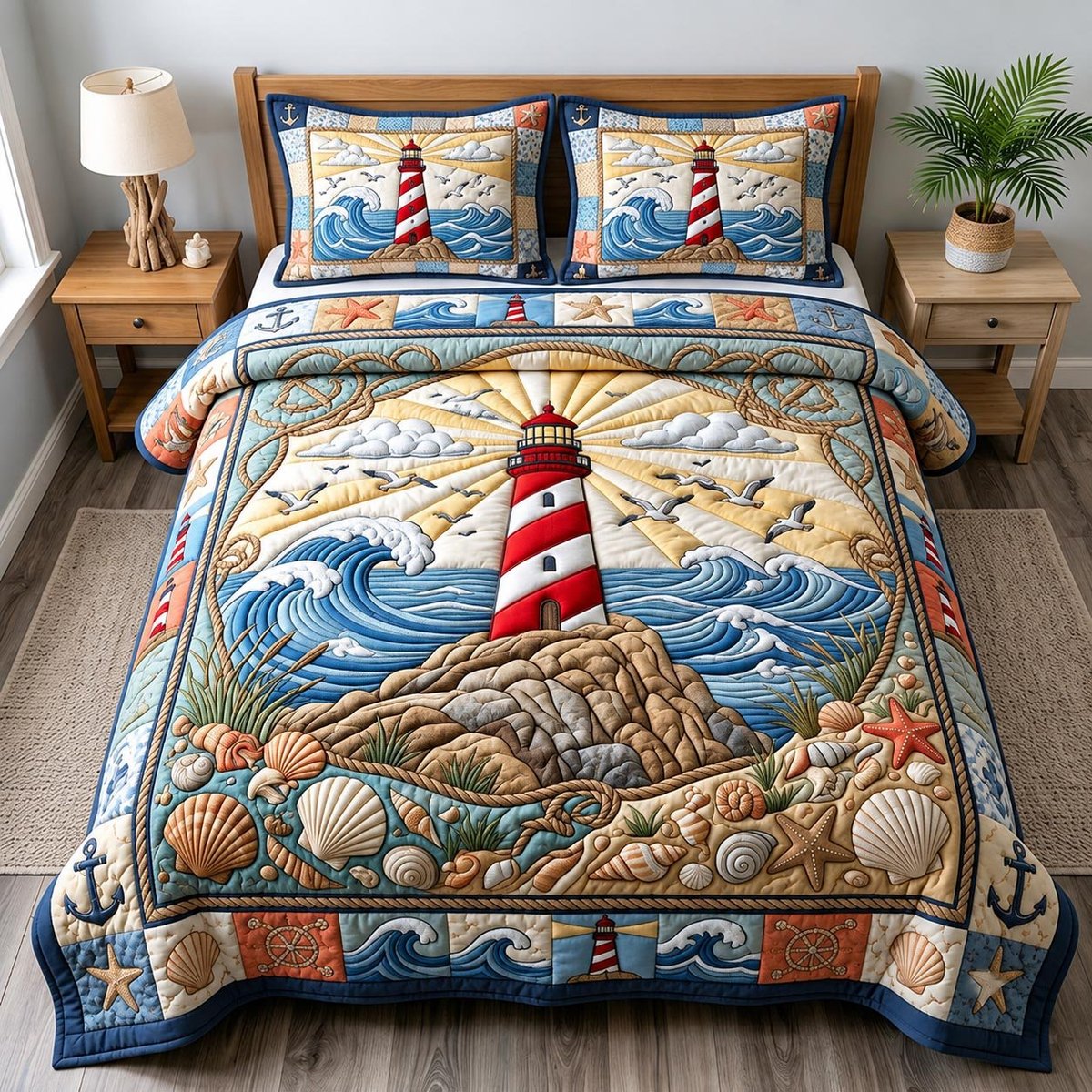 Coastal Whisper Beach 3 Piece Quilted Bedding Set Gift For Beach Lovers