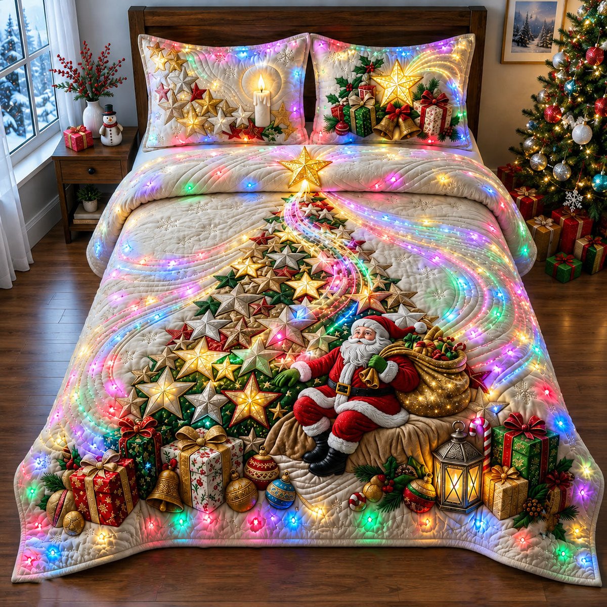 Star Tree 3 Piece Quilted Bedding Set Christmas Gift For Holiday Decor Lovers