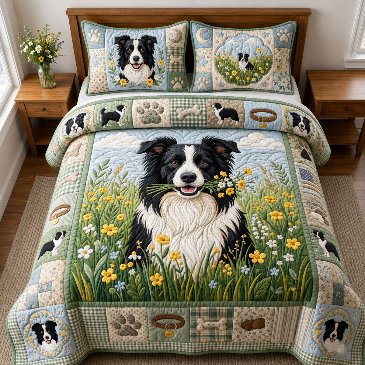 Tiny Bouquet Border Collie 3 Piece Quilted Bedding Set Gift For Cat Lovers