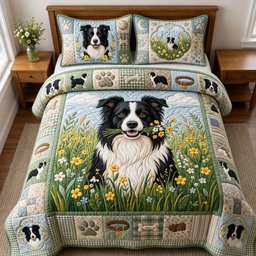 Tiny Bouquet Border Collie 3 Piece Quilted Bedding Set Gift For Cat Lovers