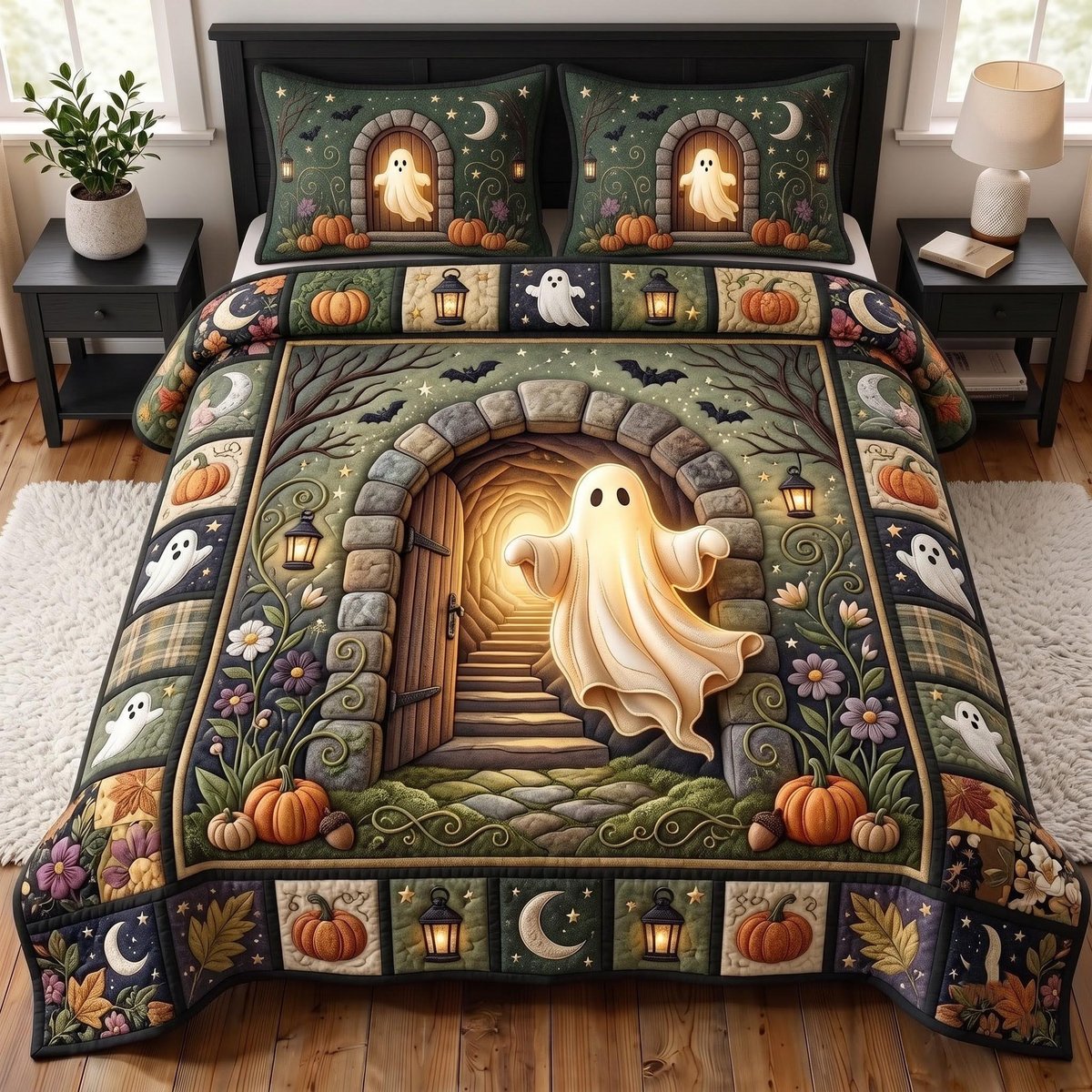 Haunted Cabin 3 Piece Quilted Bedding Set Halloween Gift For Gothic Decor Lovers
