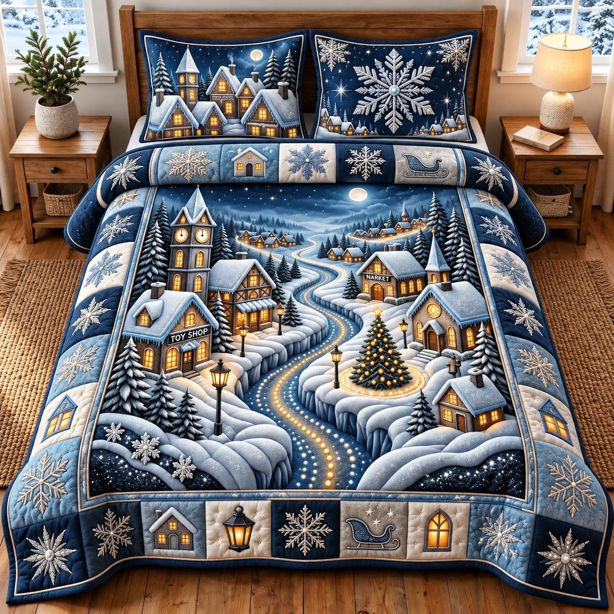 Winter River Village 3 Piece Quilted Bedding Set Christmas Gift For Holiday Decor Lovers