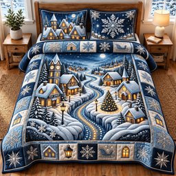 Winter River Village 3 Piece Quilted Bedding Set Christmas Gift For Holiday Decor Lovers