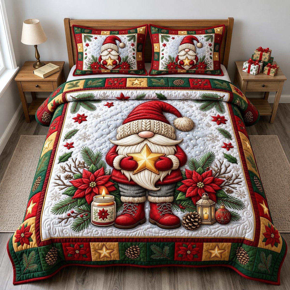 Festive Gnome 3 Piece Quilted Bedding Set Christmas Gift For Holiday Decor Lovers