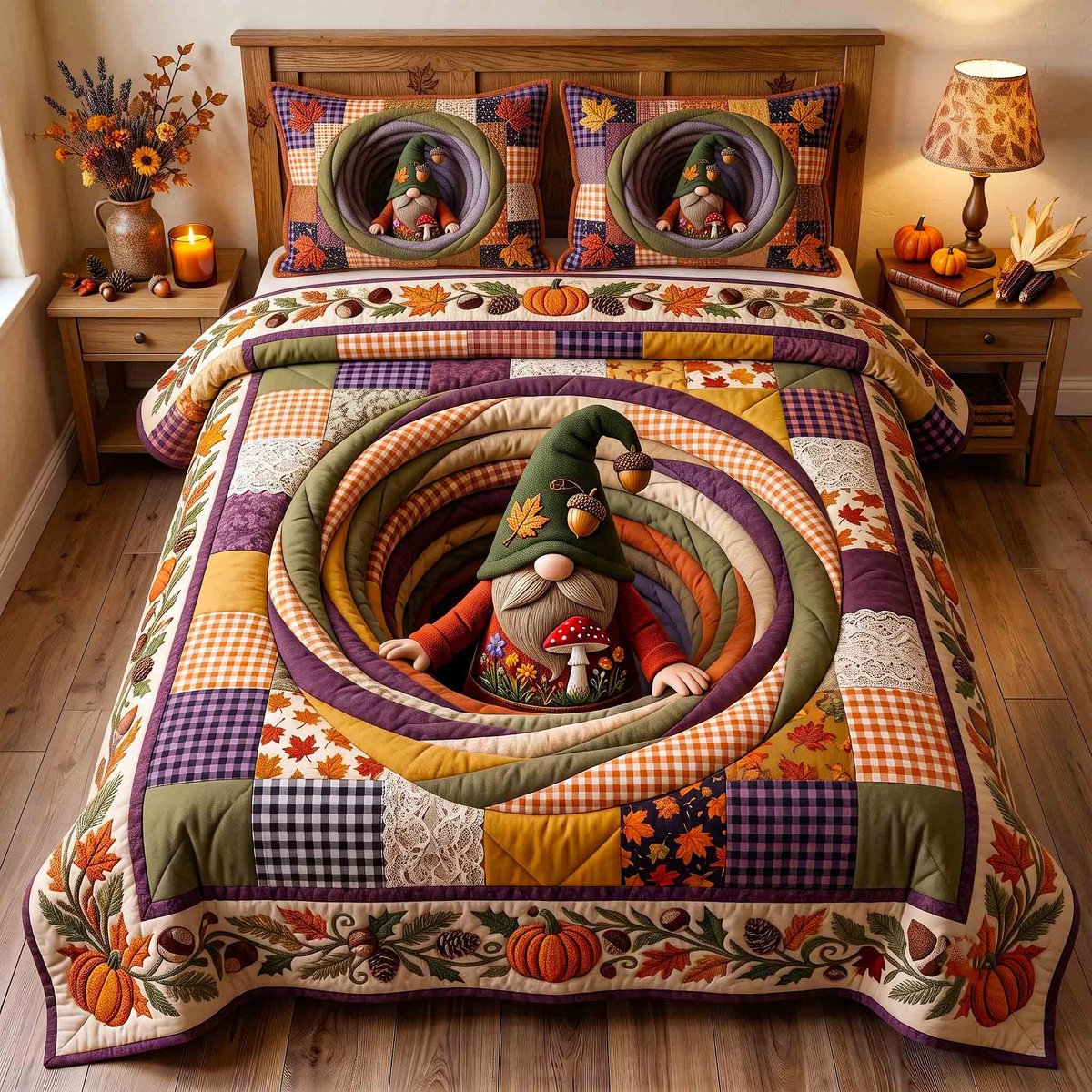 Fall Gnome 3 Piece Quilted Bedding Set Gift For Holiday Decor Lovers