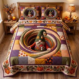Fall Gnome 3 Piece Quilted Bedding Set Gift For Holiday Decor Lovers