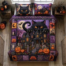 Black Cat Mansion 3 Piece Quilted Bedding Set Halloween Gift For Cat Lovers