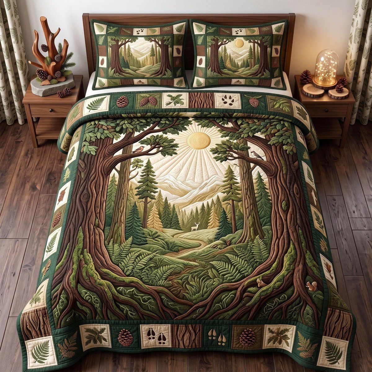 Forest Sanctuary 3 Piece Quilted Bedding Set Gift For Nature Lovers