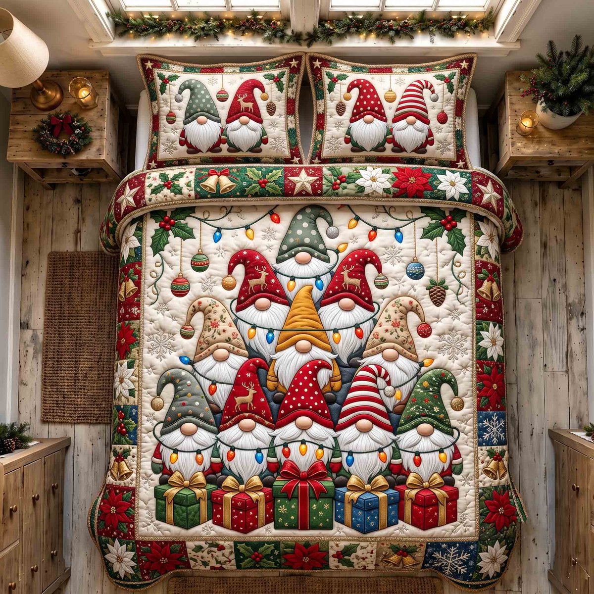 Cozy Gnome 3 Piece Quilted Bedding Set Christmas Gift For Holiday Decor Lovers