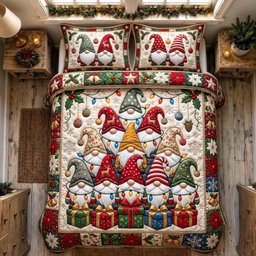Cozy Gnome 3 Piece Quilted Bedding Set Christmas Gift For Holiday Decor Lovers