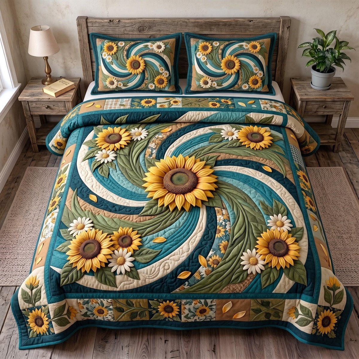 Sunflower Swirl 3 Piece Quilted Bedding Set Gift For Flower Lovers