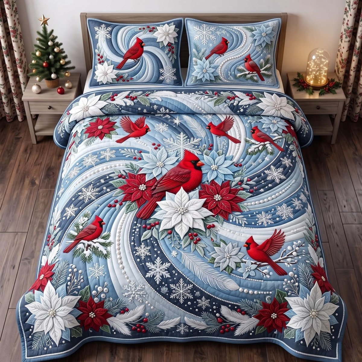 Winter Cardinal 3 Piece Quilted Bedding Set Gift For Bird Lovers