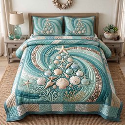 Seashell Beach 3 Piece Quilted Bedding Set Christmas Gift For Beach Lovers