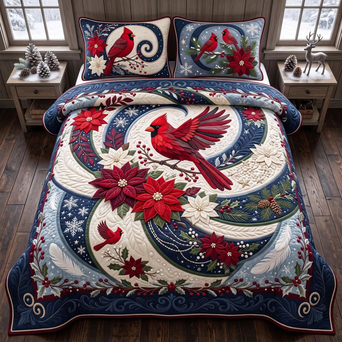 Cardinal Noel 3 Piece Quilted Bedding Set Christmas Gift For Bird Lovers