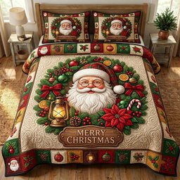 Santa Claus 3 Piece Quilted Bedding Set Christmas Gift For Holiday Decor Lovers