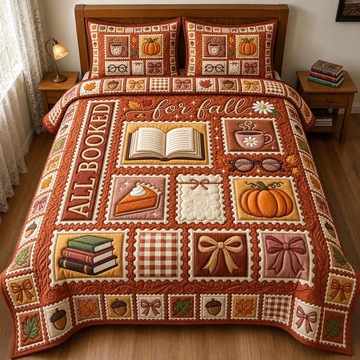 Fall Book Lover 3 Piece Quilted Bedding Set Gift For Book Lovers