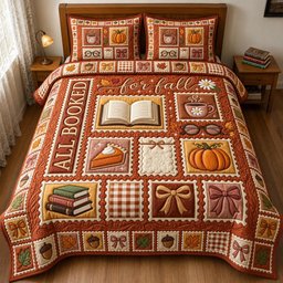 Fall Book Lover 3 Piece Quilted Bedding Set Gift For Book Lovers
