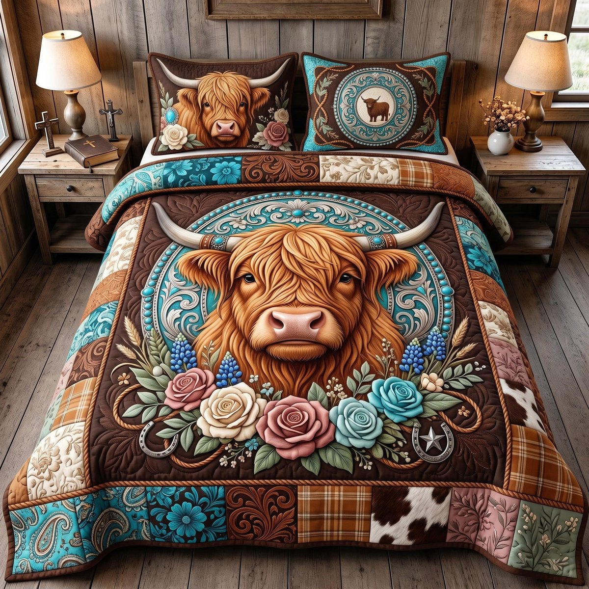 Highland Harvest 3 Piece Quilted Bedding Set Gift For Cow Lovers