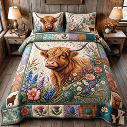 Floral Highland 3 Piece Quilted Bedding Set Gift For Cow Lovers