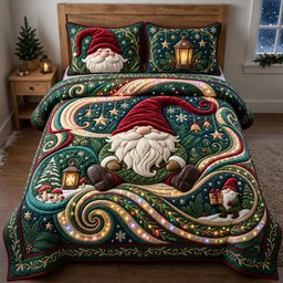 Sparkly Gnome 3 Piece Quilted Bedding Set Gift For Holiday Decor Lovers