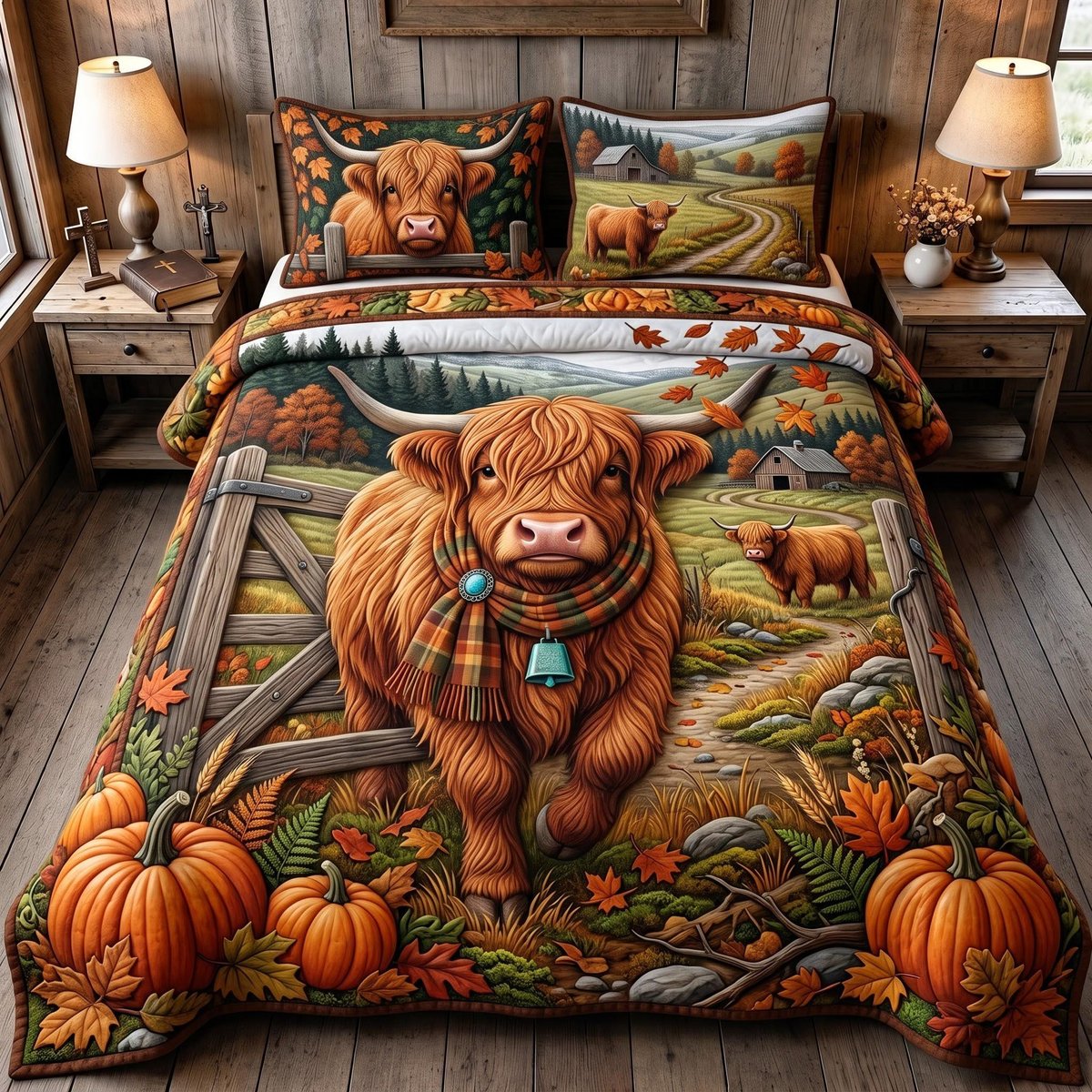 Highland Farm 3 Piece Quilted Bedding Set Gift For Cow Lovers
