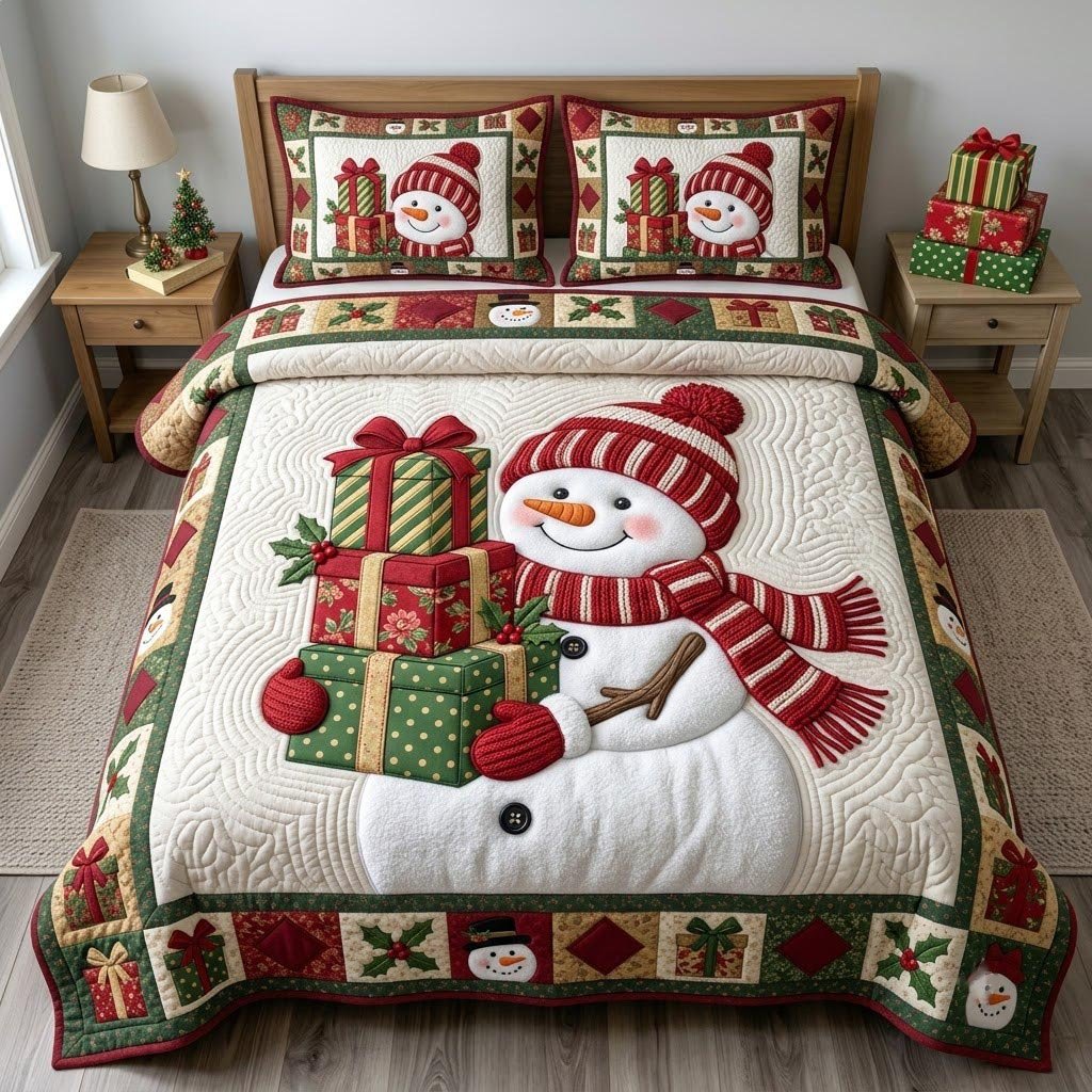 Snowman 3 Piece Quilted Bedding Set Christmas Gift For Holiday Decor Lovers