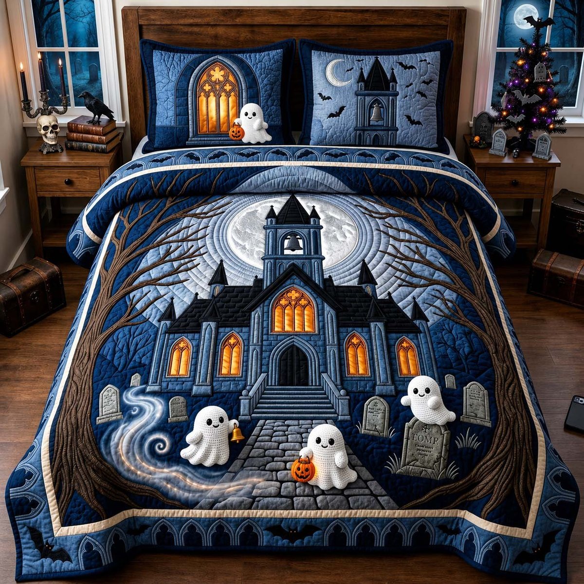 Ghostly Graveyard Nights 3 Piece Quilted Bedding Set Gift For Gothic Decor Lovers