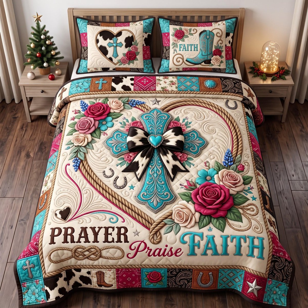 Prayer Praise Faith Christian 3 Piece Quilted Bedding Set Gift For Christians