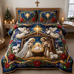 Sparkly Nativity 3 Piece Quilted Bedding Set Christmas Gift For Christians