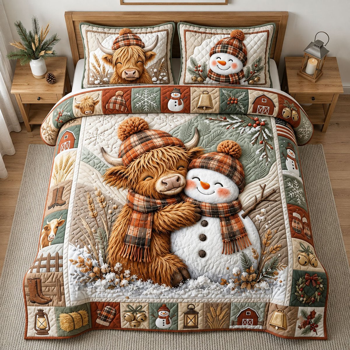 Winter Highland Cow 3 Piece Quilted Bedding Set Gift For Cow Lovers