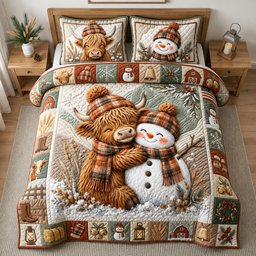 Winter Highland Cow 3 Piece Quilted Bedding Set Gift For Cow Lovers