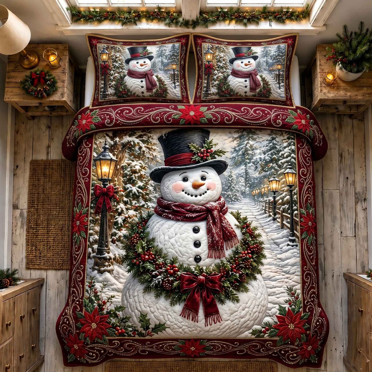 Nostalgic Snowman 3 Piece Quilted Bedding Set Gift For Holiday Decor Lovers