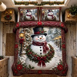 Nostalgic Snowman 3 Piece Quilted Bedding Set Gift For Holiday Decor Lovers