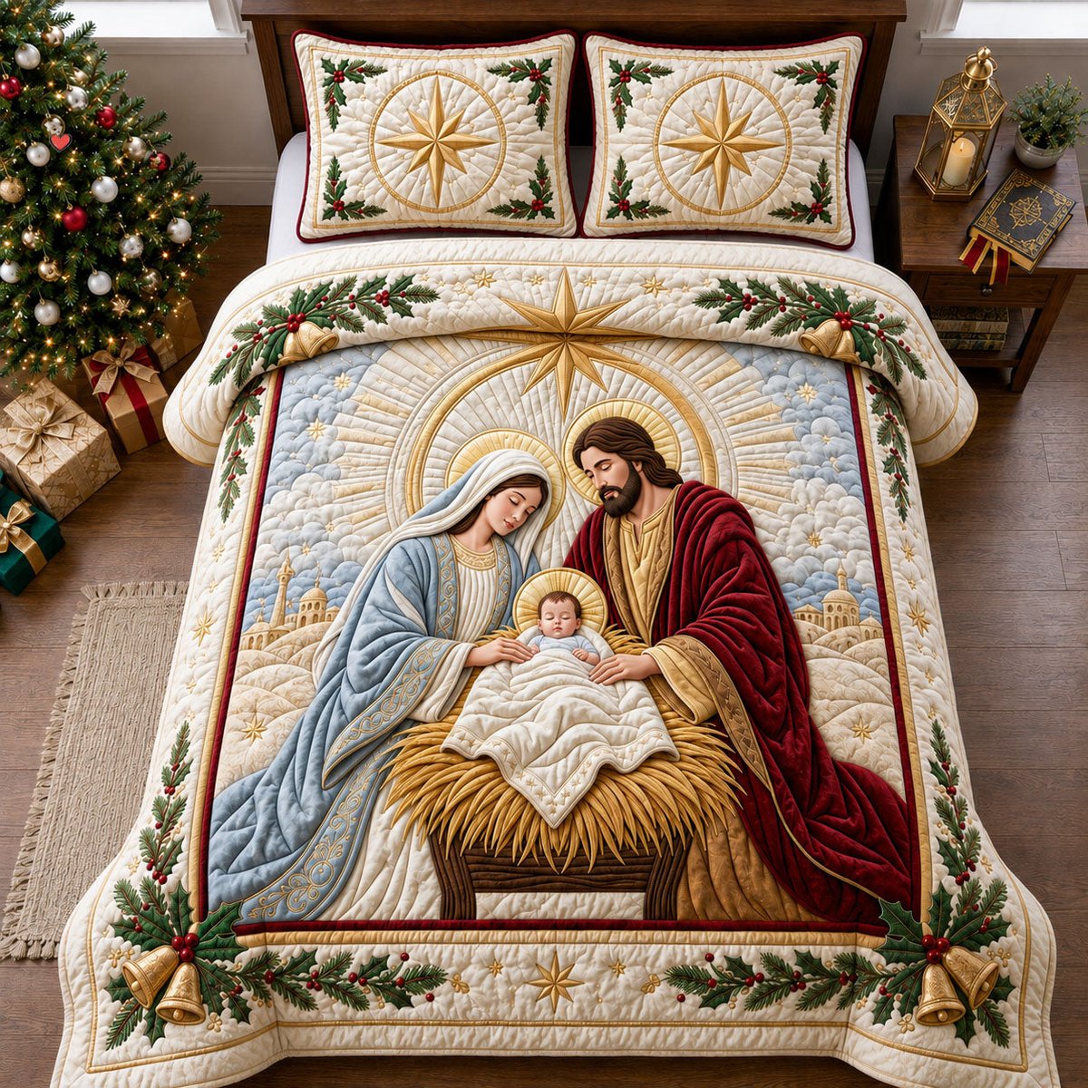 Nativity Scene 3 Piece Quilted Bedding Set Gift For Christians