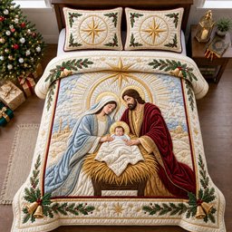 Nativity Scene 3 Piece Quilted Bedding Set Gift For Christians