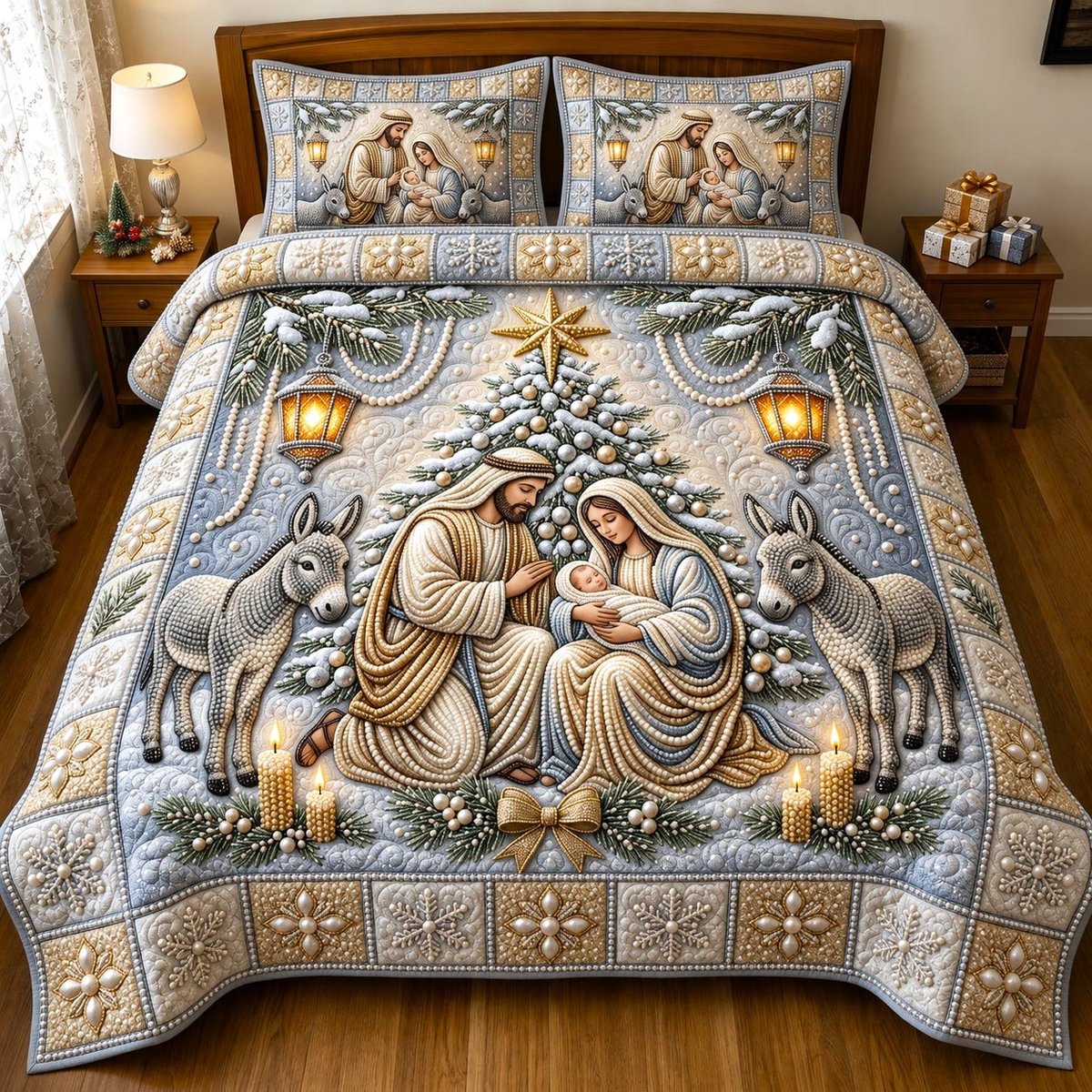 Nativity Scene Christian 3 Piece Quilted Bedding Set Gift For Christians