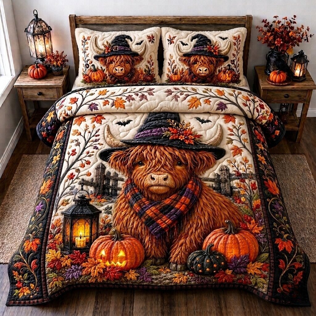 Witchy Cow 3 Piece Quilted Bedding Set Gift For Cow Lovers