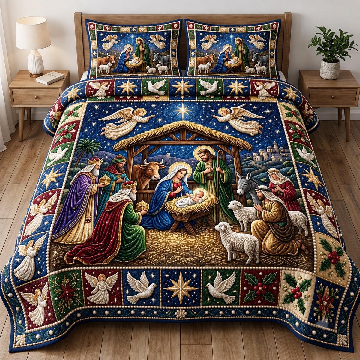 Nativity Scene Christian 3 Piece Quilted Bedding Set Gift For Christians