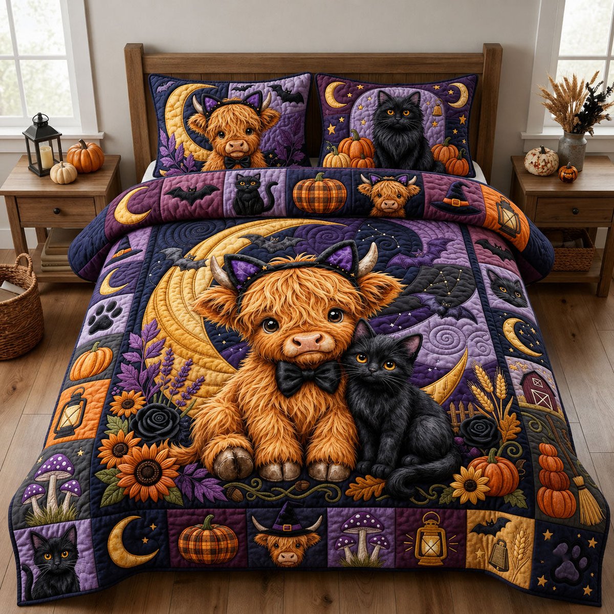 Highland Cow with Black Cat 3 Piece Quilted Bedding Set Gift For Cat Lovers