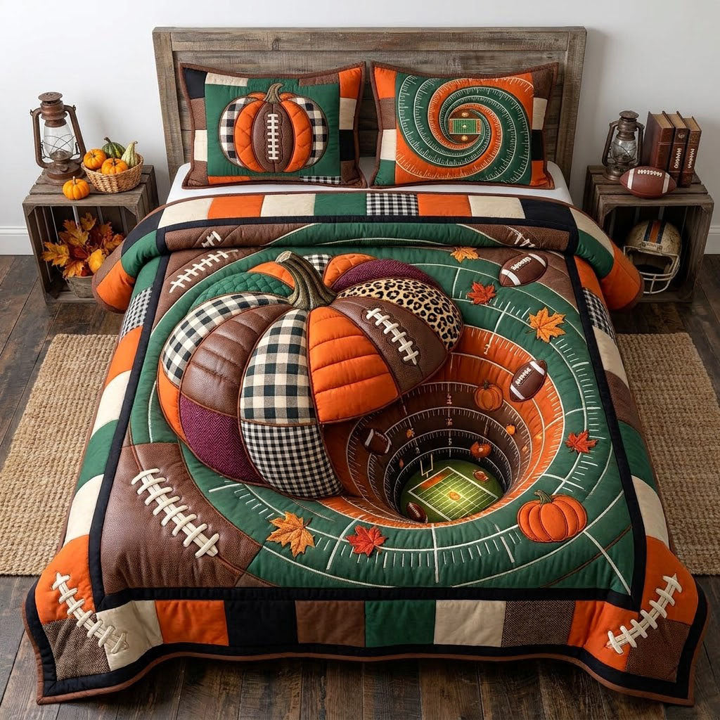 Pumpkin Football Spiral 3 Piece Quilted Bedding Set Gift For Sports Fans