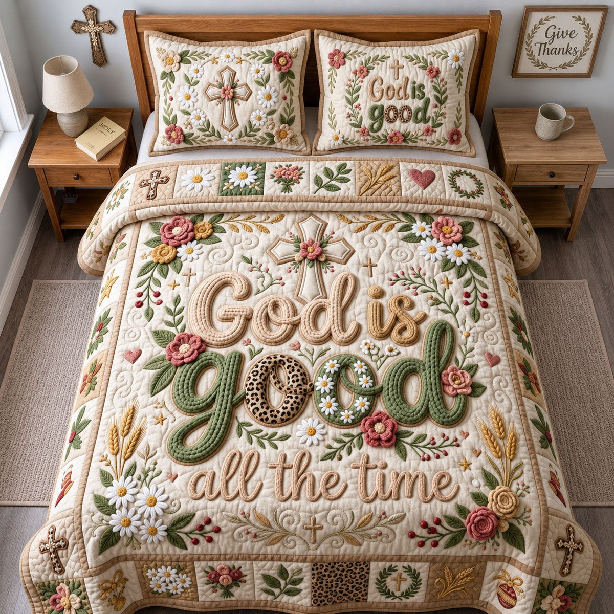 God Is Good Crochet 3 Piece Quilted Bedding Set Gift For Christians