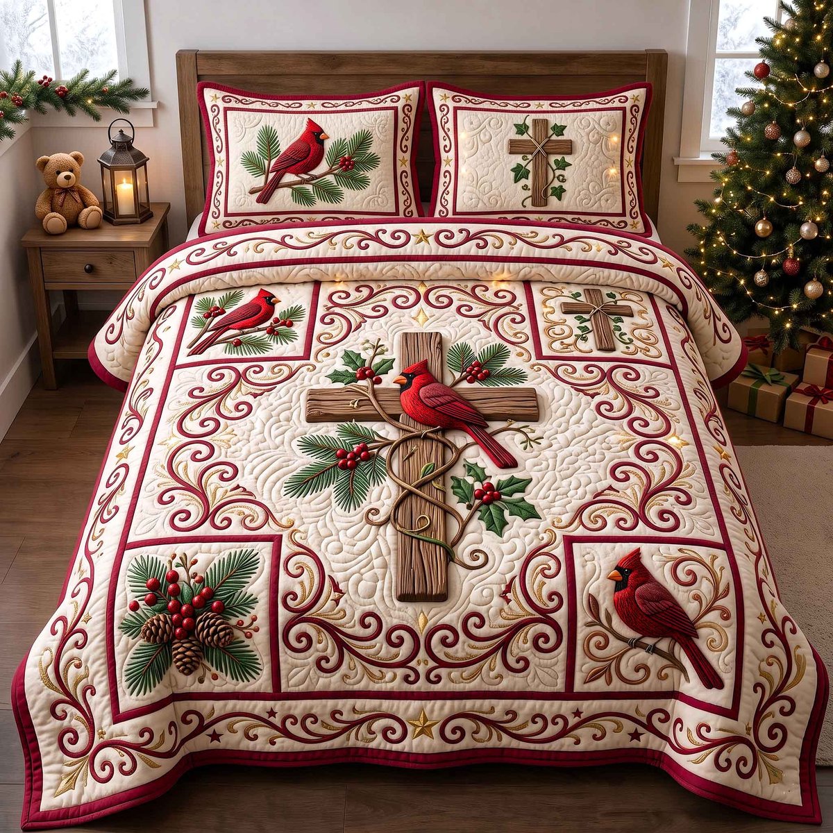 Cardinal Faith 3 Piece Quilted Bedding Set Gift For Bird Lovers