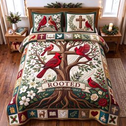 Rooted Grace Cardinal 3 Piece Quilted Bedding Set Gift For Bird Lovers
