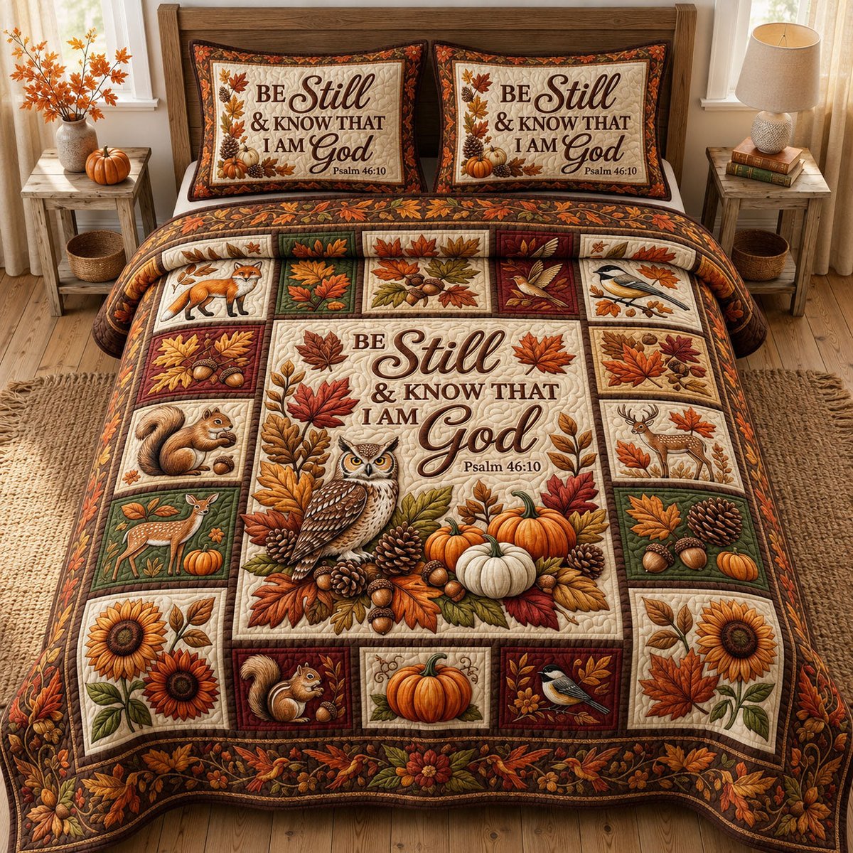 Autumn Floral Bible 3 Piece Quilted Bedding Set Gift For Christians