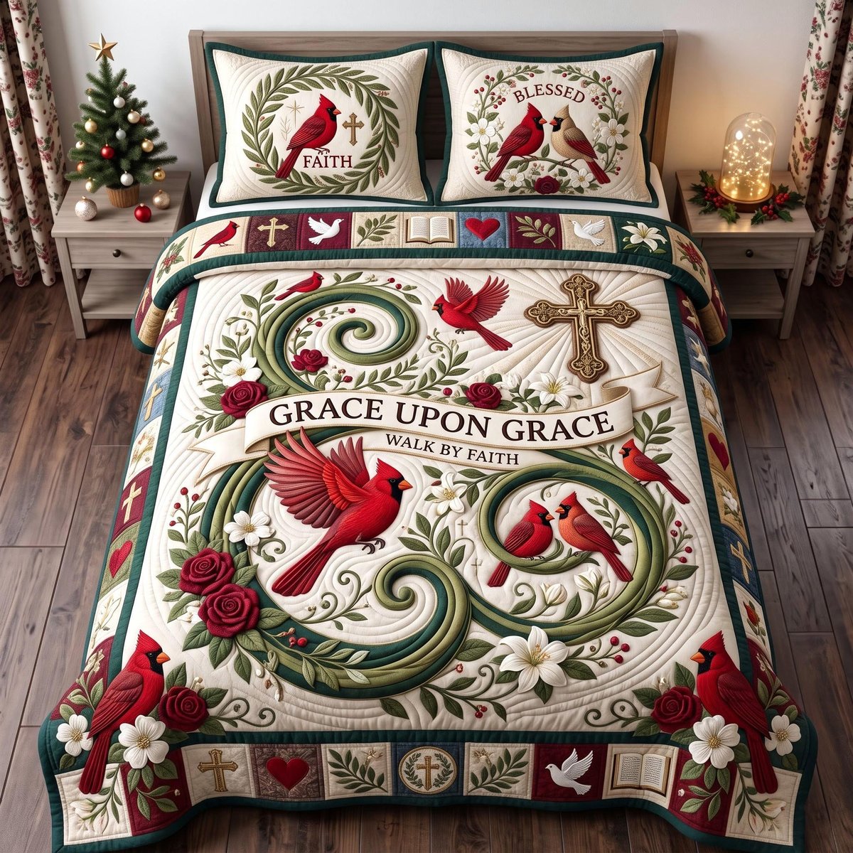Grace Upon Grace Cardinal 3 Piece Quilted Bedding Set Gift For Bird Lovers