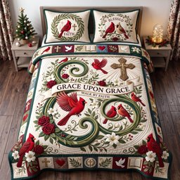 Grace Upon Grace Cardinal 3 Piece Quilted Bedding Set Gift For Bird Lovers