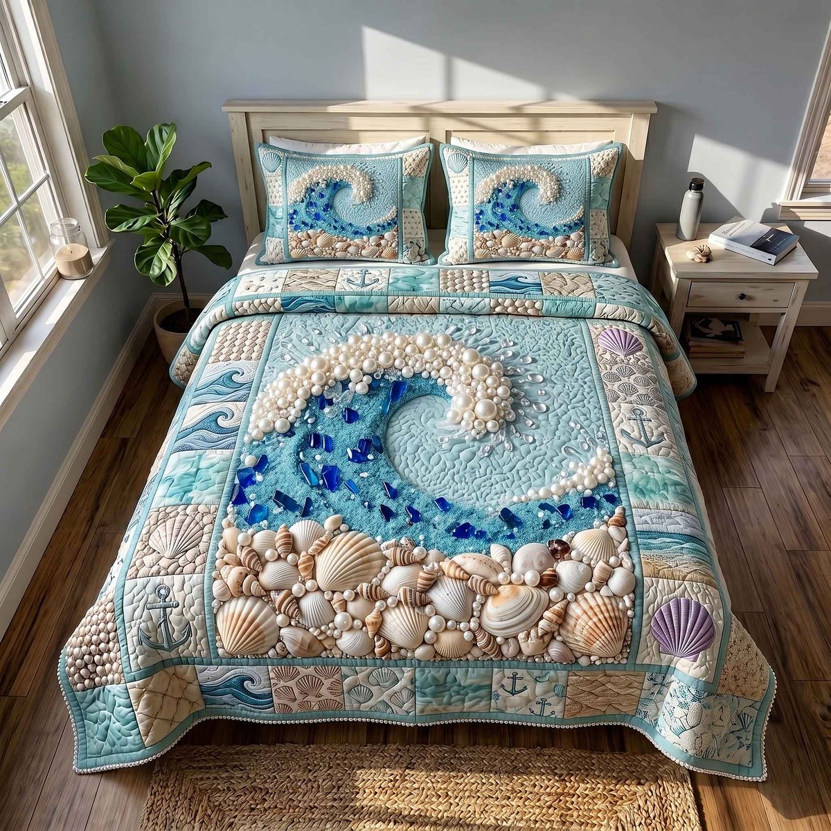 Pearl Coastal Whisper Beach 3 Piece Quilted Bedding Set Gift For Beach Lovers
